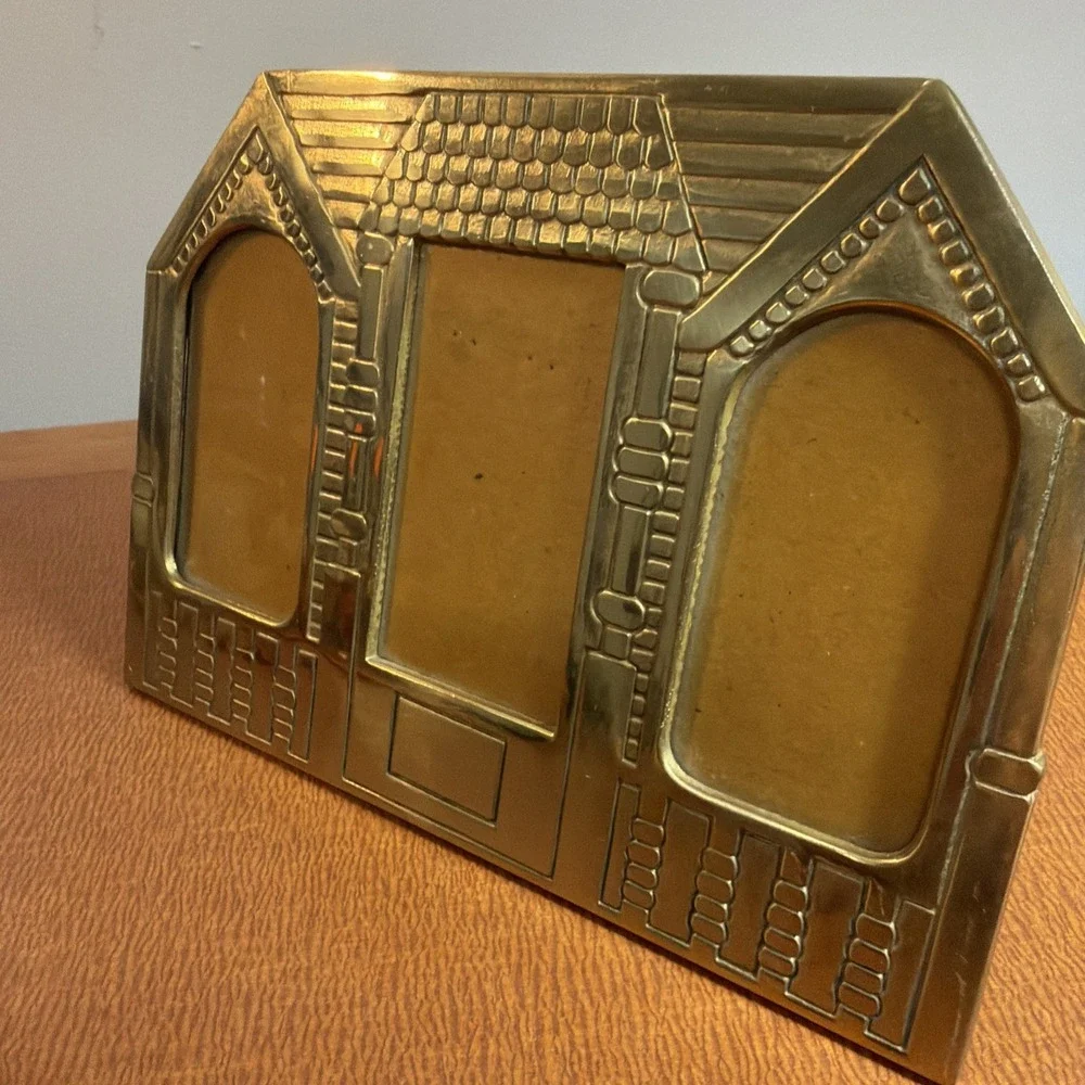 Vtg Brass Triple Photo Frame House Theme 8.5